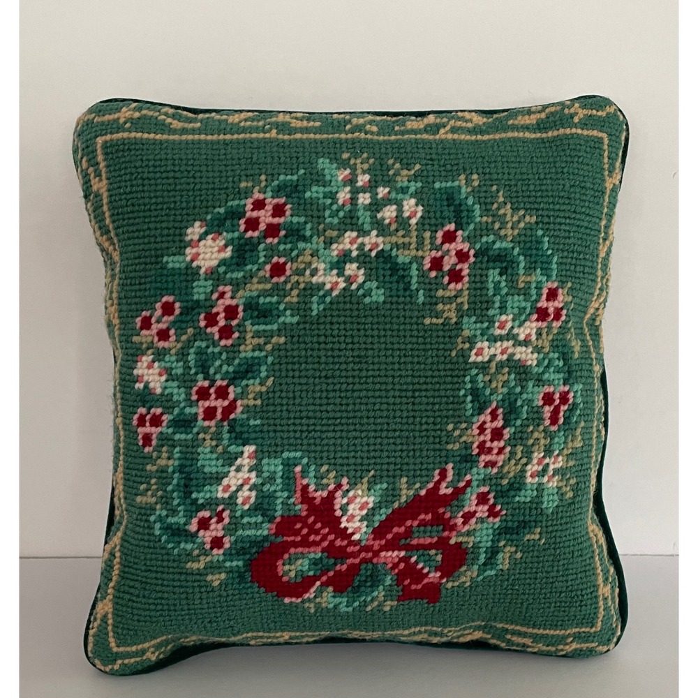 Vintage Christmas Wreath Needlepoint Wool Throw Pillow Green Velvet 9x9 Small